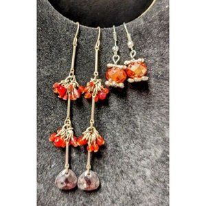 2 Pairs Bohemian Red Orange Dangle Drop Faceted Bead Earrings Boho